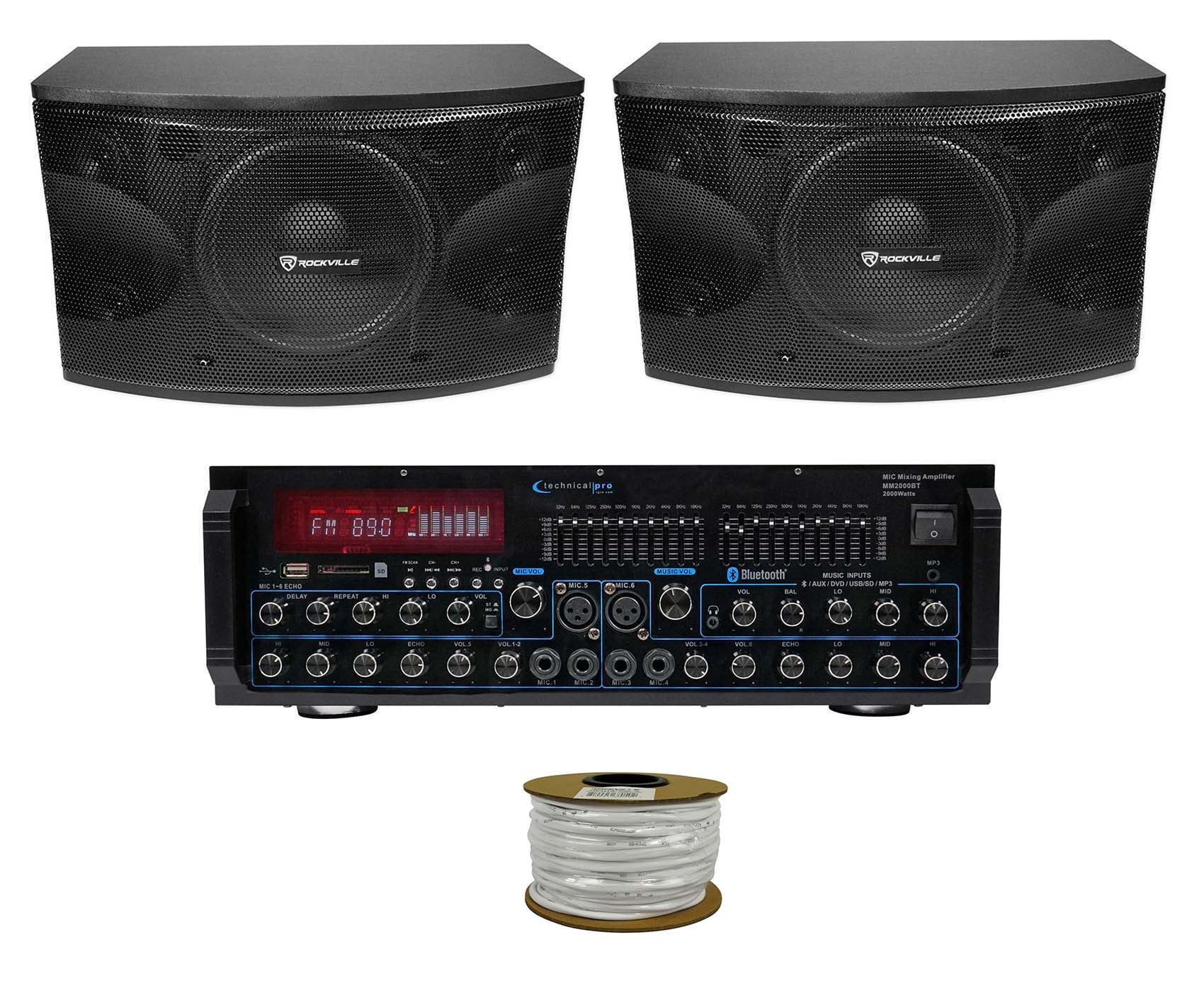 Pair Rockville KPS12 12" 3-Way 1600w Karaoke Speakers+Bluetooth Amplifier Mixer + Rockville R14GSBR100 Red/Blk 14 Gauge 100' Ft. Mini Spool Car Audio Speaker Wire