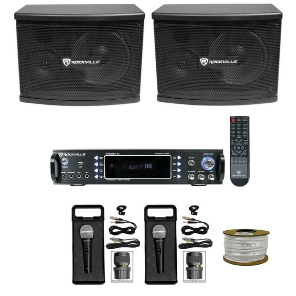 Pair Rockville KPS65 6.5" 400w Karaoke/Pro Speakers+Bluetooth Amplifier+(2) Mics + Rockville R14GSBR100 Red/Blk 14 Gauge 100' Ft. Mini Spool Car Audio Speaker Wire