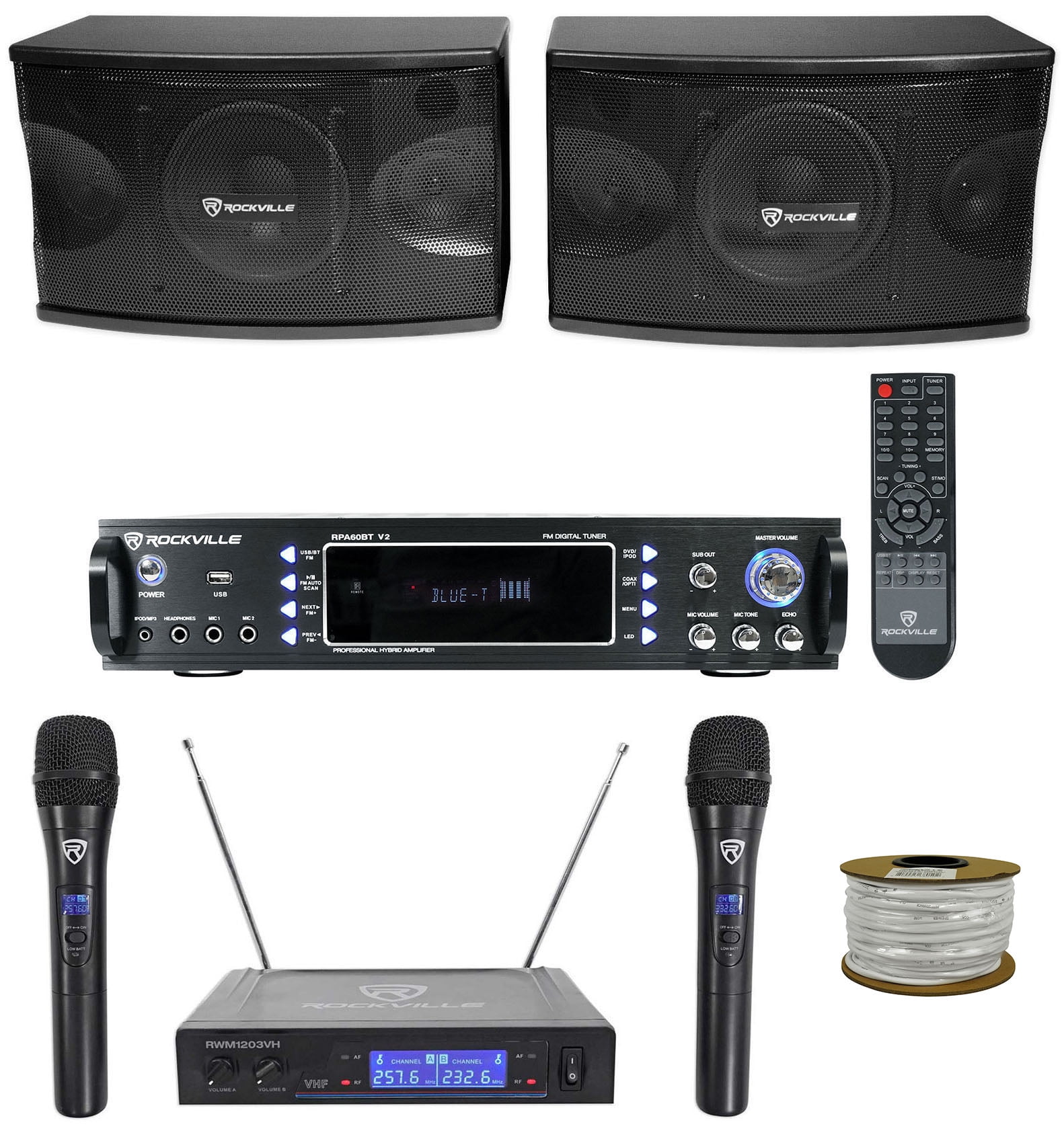 Pair Rockville KPS80 8" Karaoke/Pro Speakers + Bluetooth Amp + Wireless Mics + Rockville R14GSBR100 Red/Blk 14 Gauge 100' Ft. Mini Spool Car Audio Speaker Wire