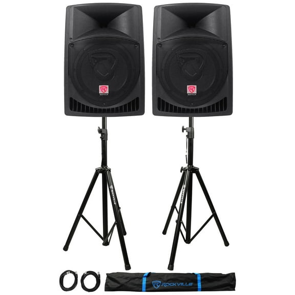 Pair Rockville RPG12 12" 1600w Powered PA/DJ Speakers + 2 Stands + 2 Cables+Bag