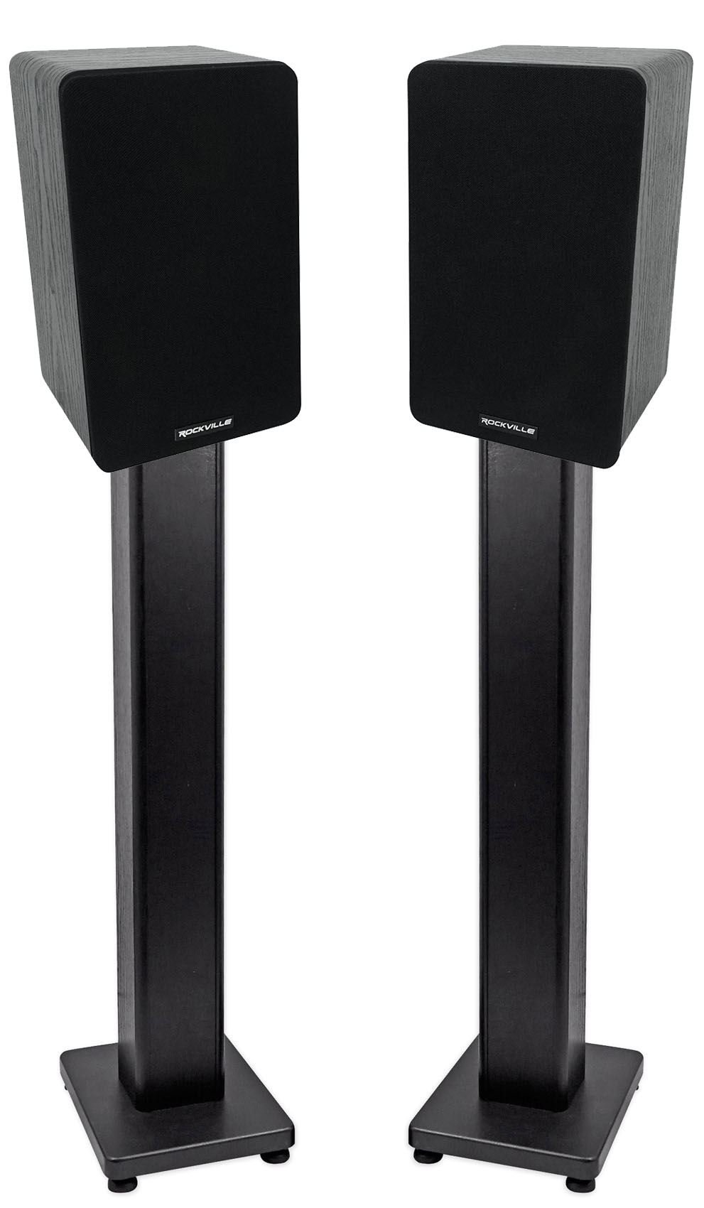 Pair Rockville RockShelf 54B Black 5.25" Home Bookshelf Speakers + 36" Stands