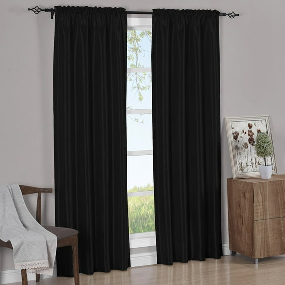 Pair Rod Pocket Soho Faux Silk Curtain Panels (Set of 2 Panels)- Black - 42x96