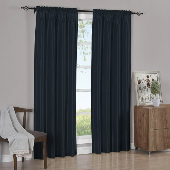 Pair Rod Pocket Soho Faux Silk Curtain Panels (Set of 2 Panels)- Navy - 42x63