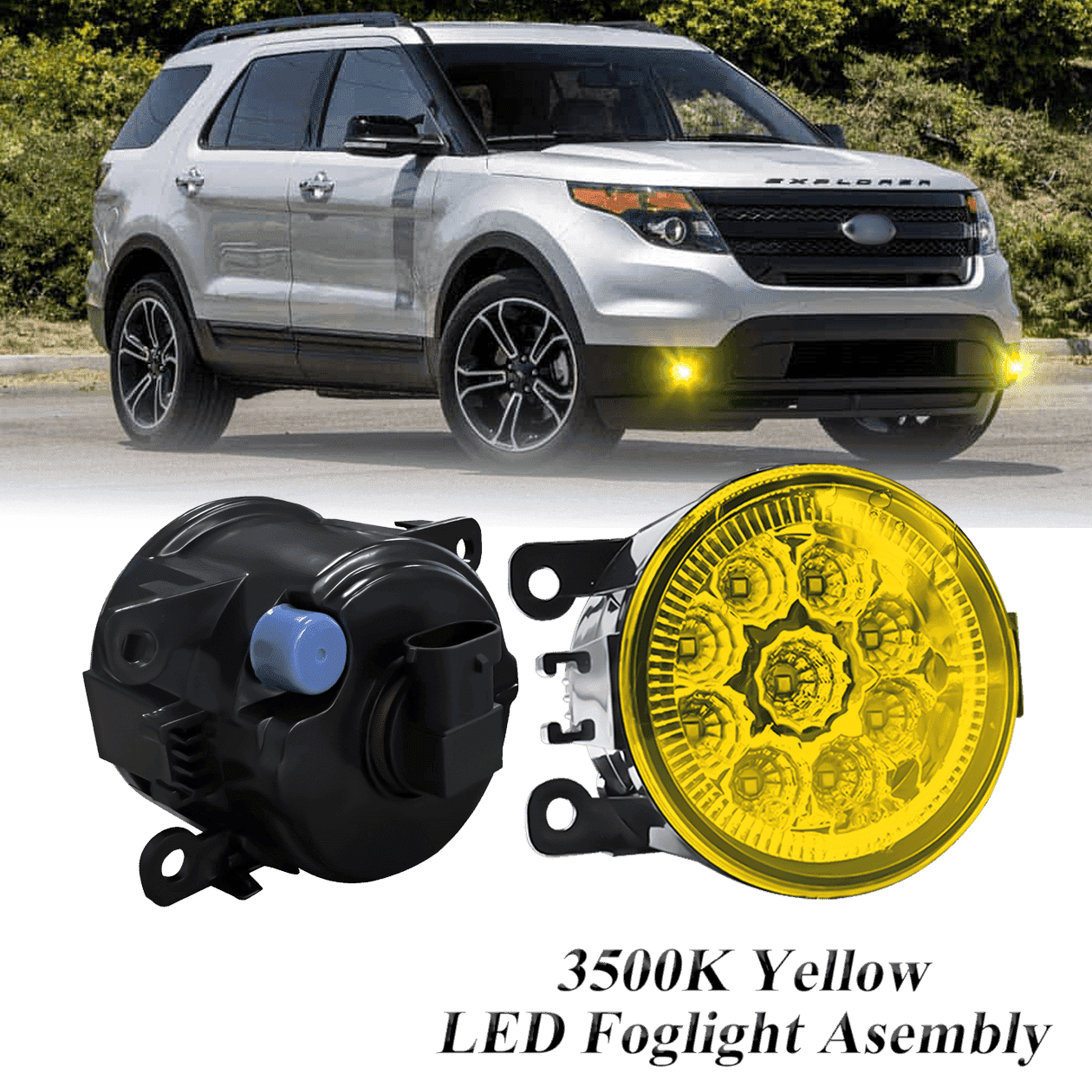 Pair Round LED Fog Lights for Ford Explorer 2011-2015, 55W 3500K Amber Yellow Off-Road Lamps Black Front Bumper LED Fog Lights