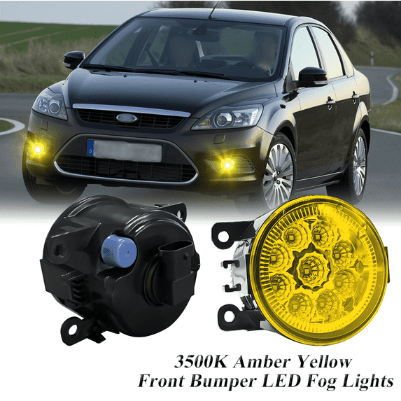 Pair Round LED Fog Lights for Ford Focus MK2 MK3 2004-2015, 55W 3500K Amber Yellow Off-Road Lamps Black Front Bumper LED Fog Lights