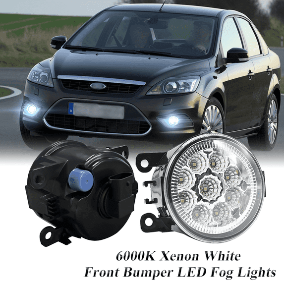 Pair Round LED Fog Lights for Ford Focus MK2 MK3 2004-2015, 55W 6000K White Off-Road Lamps Black Front Bumper LED Fog Lights