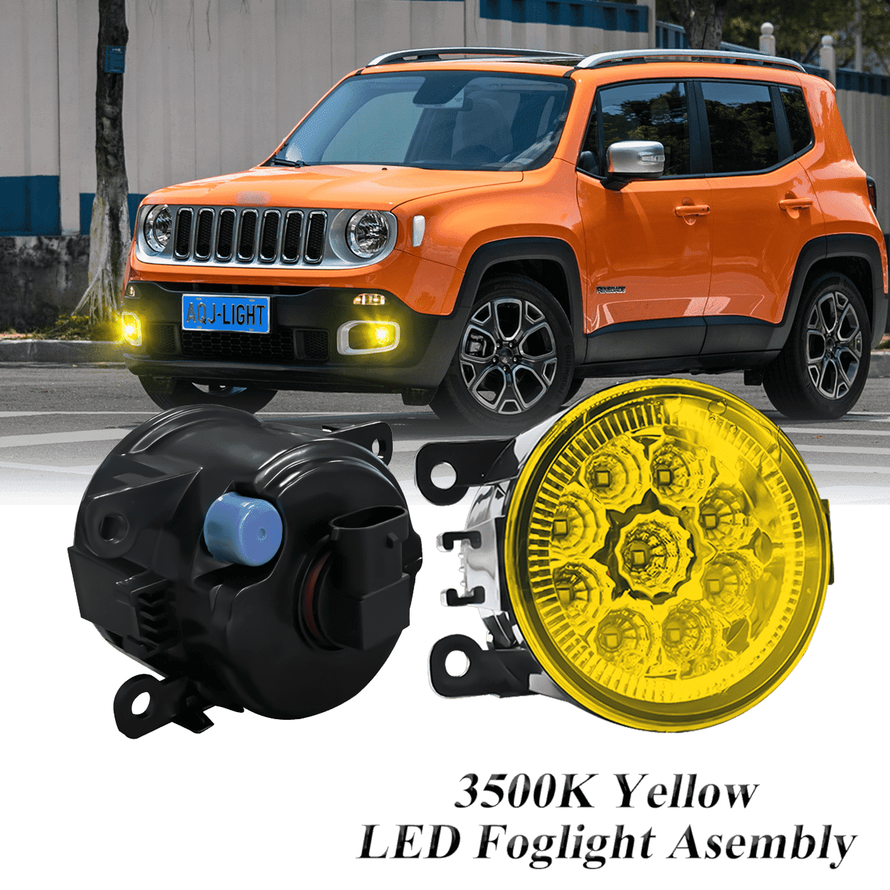 Pair Round LED Fog Lights for Jeep Renegade 2015-2023, 55W 3500K Amber Yellow Off-Road Lamps Black Front Bumper LED Fog Lights