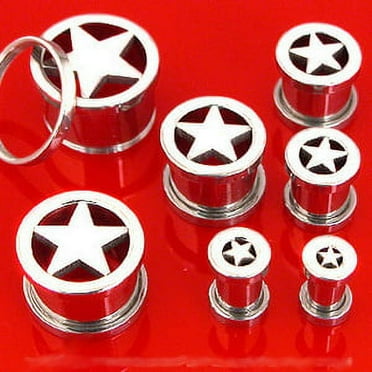 Pair STEEL STAR SCREW ON PLUGS tunnels ear flesh gauges - Size=00g