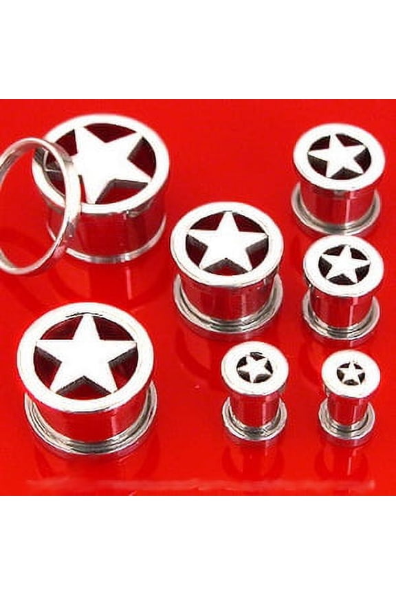Pair STEEL STAR SCREW ON PLUGS tunnels ear flesh gauges - Size=0g