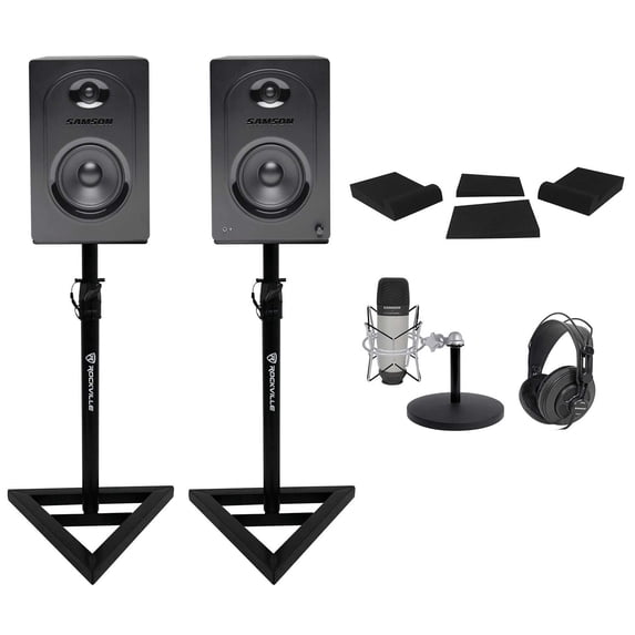 Pair Samson M50 5" Active Studio Monitors+Stands+Pads+Headphones+Mic+Stand/Mount