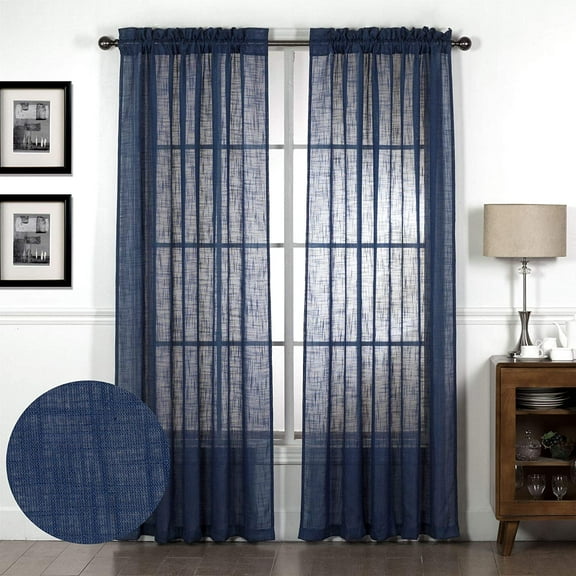 Pair Set Rod Pocket Natural Linen and Poly Semi-Sheers,Premium Soft Rich Material Curtain Panels for Living Room (84" Long, Navy)