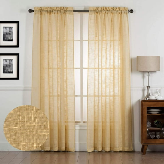 Pair Set Textured Linen Blend Rod Pocket Curtain Panels (84" Long, Gold)