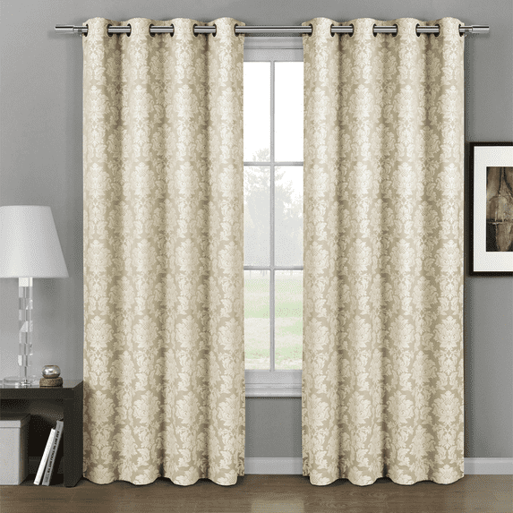 Pair (Set of 2) Aryanna Damask Floral Curtains Jacquard Grommet Panels - 108x63 - Beige