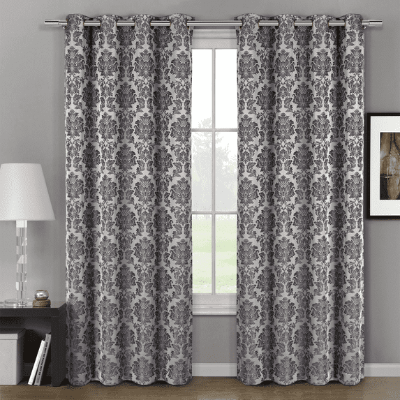 Pair (Set of 2) Aryanna Damask Floral Curtains Jacquard Grommet Panels - 108x84 - Gray