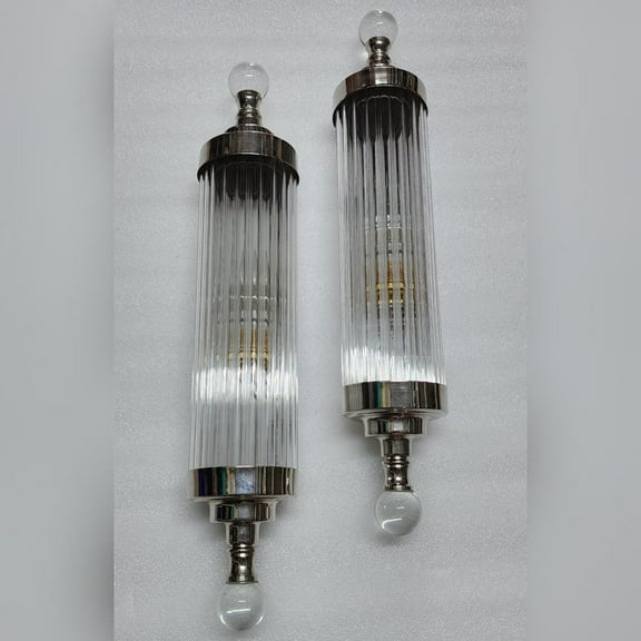 Pair Skyscraper Vintage Art deco light Old Lamp Wall Sconces Fixture Nickel Brass & Glass Rod Ship Light Antique