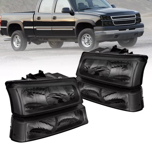 MOSTPLUS Pair Black Headlights ASSY for 2003-2006 Chevy Silverado Avalanche 1500 2500 HD