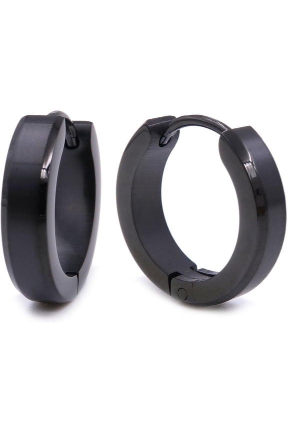 Pair Stainless Steel Bevel Edge Hoop Huggie Men Earrings Black Gold Silver 16mm