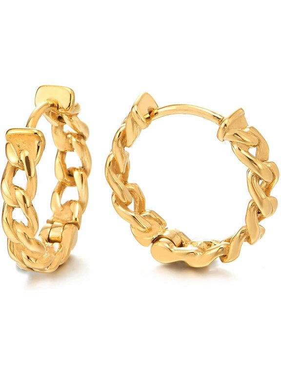 Pair Stainless Steel Vintage Tribal Curb Chain Wreath Huggie Hinged Hoop Earrings Unisex Men Women