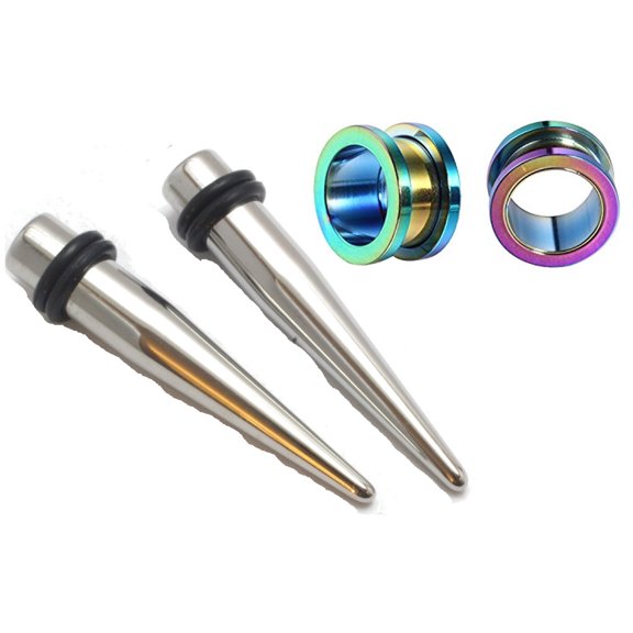 Pair Surgical Steel Tapers and Rainbow Screw Tunnels Ear Stretching Kit Gauges - size=7/16" 11mm