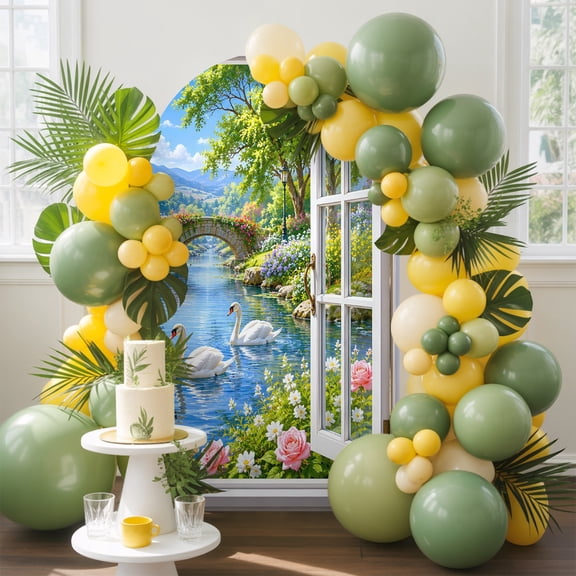 Pair of Swans Arch Backdrop Cover, 4FT, Window Serene Dreamy Idyllic River Bridge Flower Spandex Arch Covers Double-Sided Backdrop for Wedding Birthday Party Photo Background Decoration