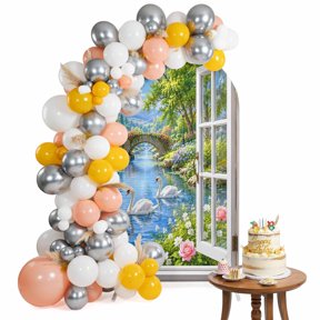 Pair of Swans Arch Backdrop Cover 4FT Window Serene Dreamy Idyllic River Bridge Flower Spandex Fitted Arch Covers Stretchy Backdrop Decoration for Wedding Birthday Graduation Party