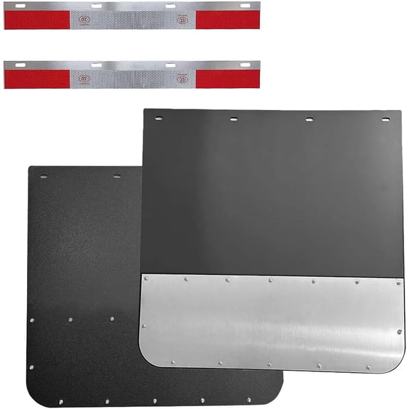 Pair Universal 24"x24" Mud Flaps w/Stainless Steel Plates & 24"x3" Mud Flap Reflector Reflective Tape for Semi-Truck Trailer Truck