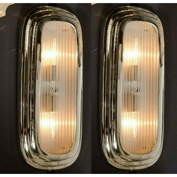 Pair Vintage Art Deco Nickel Brass & Glass Wall Ceiling Sconces Ship Light Lamp