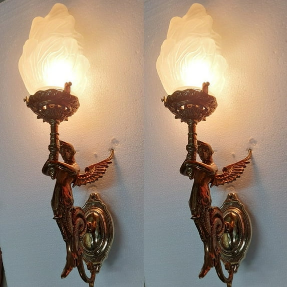 Pair Vintage Art Nouveau Deco light Old Lamp Mermaid Lamp Fixture Brass & Glass Light Antique Lamp