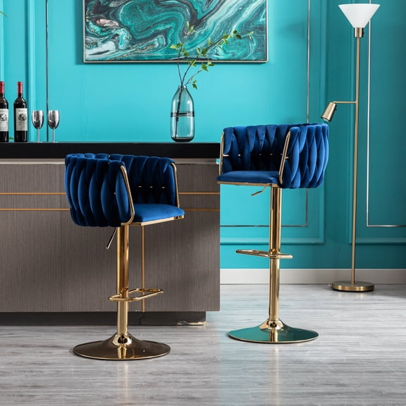 Pair of navy bar stools with golden accents | Fit well in small bars or cafes, mechanical lifting available | Benefit from the practical and stylish design