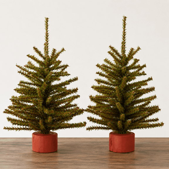 Factory Direct Craft Artificial Pine Trees with Wood Bases, Set of 2, 12 Inch Tabletop Christmas Trees