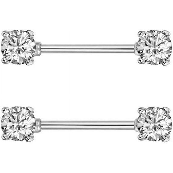 Pair of 14G Stainless Steel Nipple Rings Cubic Zirconia Tongue Ring Piercing Barbell Bar Body Jewelry for Women