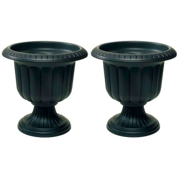 Pair of 19" Black Porch Urn Planters, Large Garden Pots for Front Porch Deck Balcony, Crack Resistant Polyurethane, Black