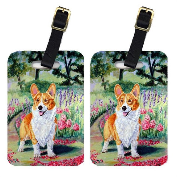 Pair of 2 Corgi Springtime in the Garden Luggage Tags
