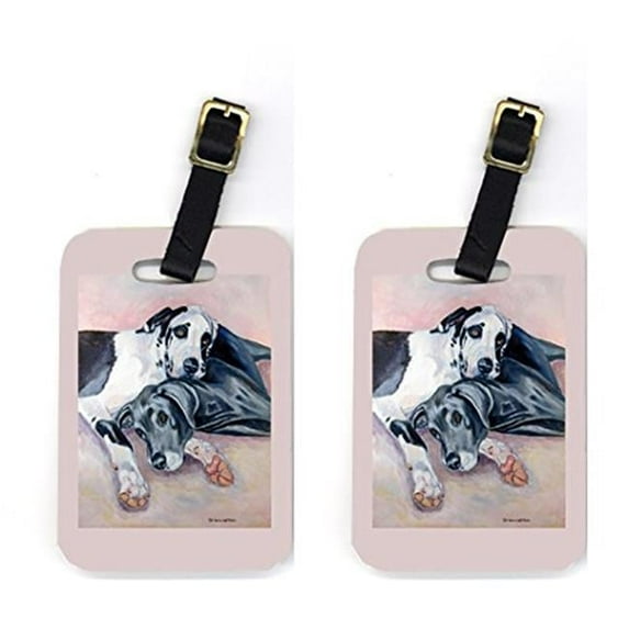 Pair of 2 Harlequin and Bule Natural Great Danes Luggage Tags