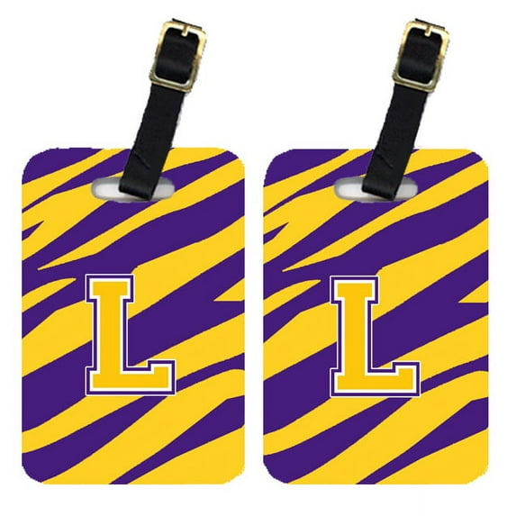 Pair of 2 Tiger Stripe - Purple Gold Letter Monogram Initial Luggage Tags