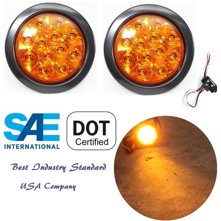 Pair of 4" Multifunction Amber Round Turn Tail Parking Signal Strobe Emergency LED Light for Truck Trailer RV w Plug Grommet