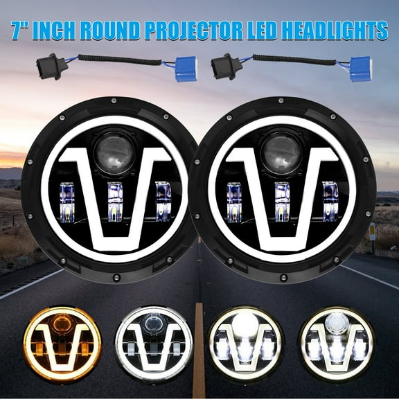 Pair of 7" inch Round Projector LED Headlights High beam/Low Beam/DRL/Amber Turning Light