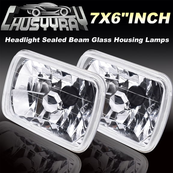 Pair of 7x6 Headlights Clear Lens Metal Headlight H4 Halogen Light Bulb Assembly