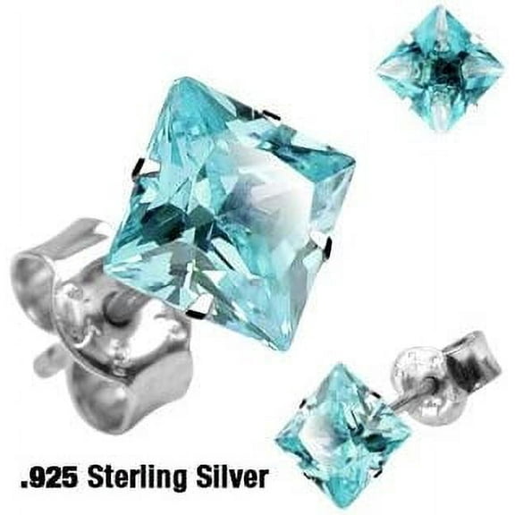 Pair of .925 Sterling Silver Stud Earring w/Aqua Princess Cut Shaped 5 MM Cubic Zirconia