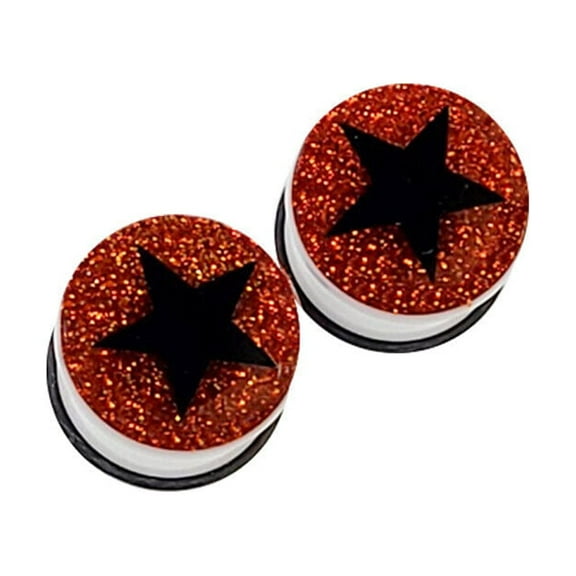 Pair of Acrylic O-ring Ear Plugs Gauges Black Star Red Glitter Design