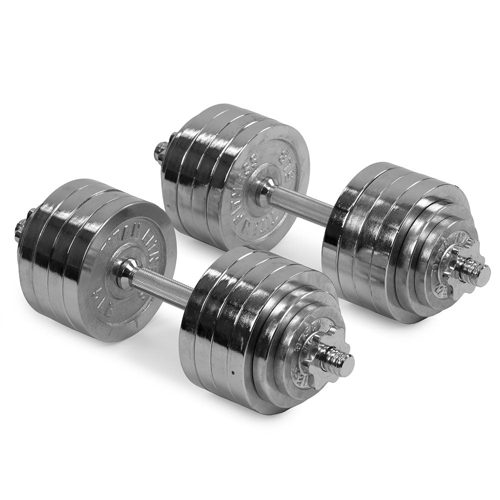 Titan Fitness 105 LB Adjustable Chrome Dumbbell Set, Pair of 52.5 LB Dumbbells, Medium Knurl Grip Handles
