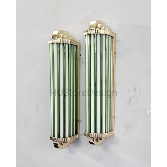 Pair of Art Deco Brass & Clear Rod Glass Wall Sconce Light | Vintage Style Wall Lamp | Elegant Brass Wall Fixture