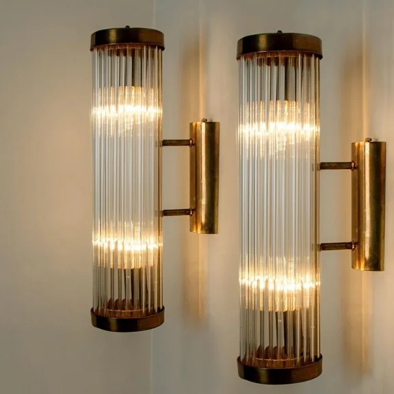 Pair of Art Deco Brass & Glass Rod Skyscraper Wall Lights  Vintage Antique Sconces