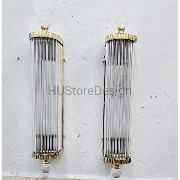 Pair of Art Decor Brass Wall Sconces  Vertical Vintage Lights