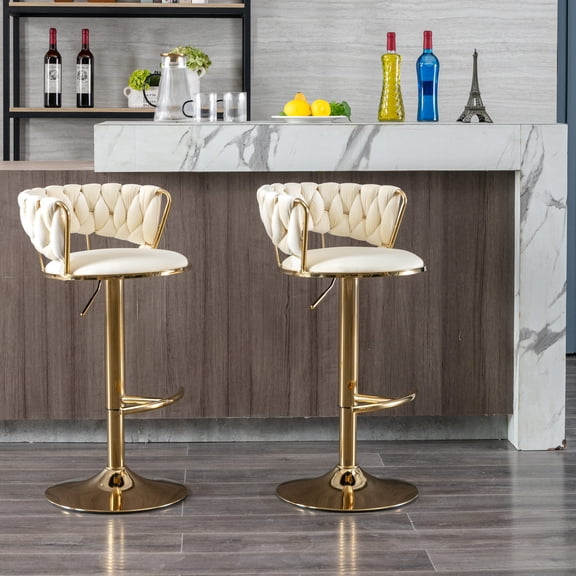 Pair of Bar Stools | Mechanical Lifting for Bar Use | Cream Velvet and Chrome Base | Fixes Poor Seating Comfort