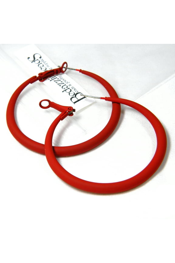 Pair of Bedazzlinbeads Big 2 inch Bright Matte Red Hoop Earrings with 925 Sterling Silver Post & Hinged Lever Back Closure