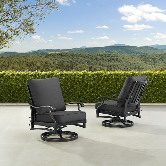 Pair of Black Aluminum Deep Seating Swivel Rocker Club Chairs with Cushions