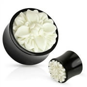 ZAYA BODY Pair of Black Organic Buffalo Horn Plugs Gauges Ear White Flower - Size=1 inch