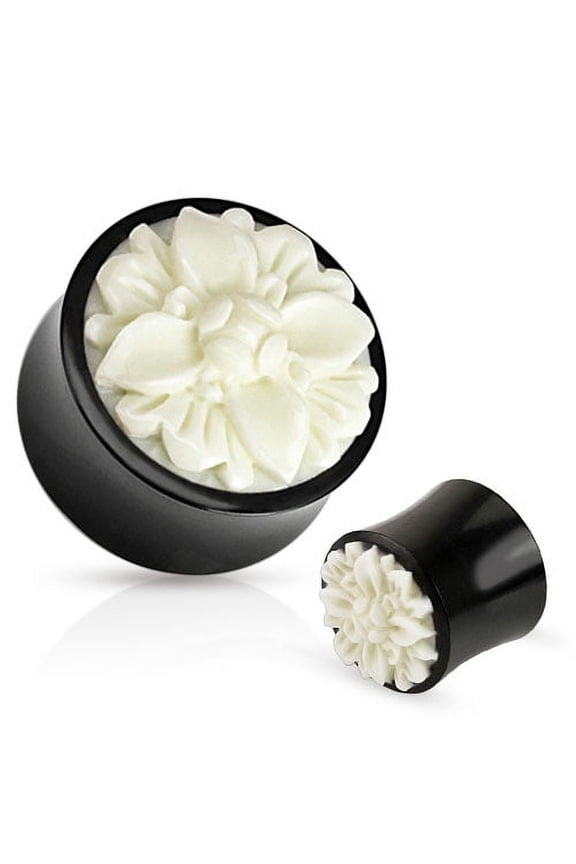 Pair of Black Organic Buffalo Horn Plugs Gauges Ear White Flower - Size=5/8