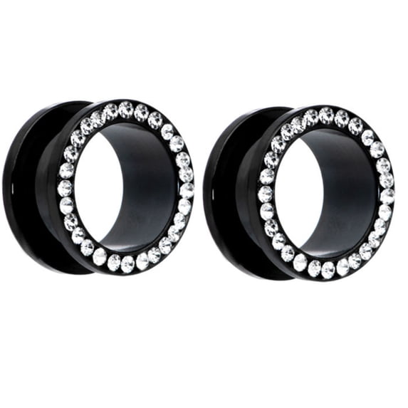 Pair of Black Titanium Clear Gem Screw Gauges Tunnels Steel Ear Plugs diamond - size=1/2" 12mm